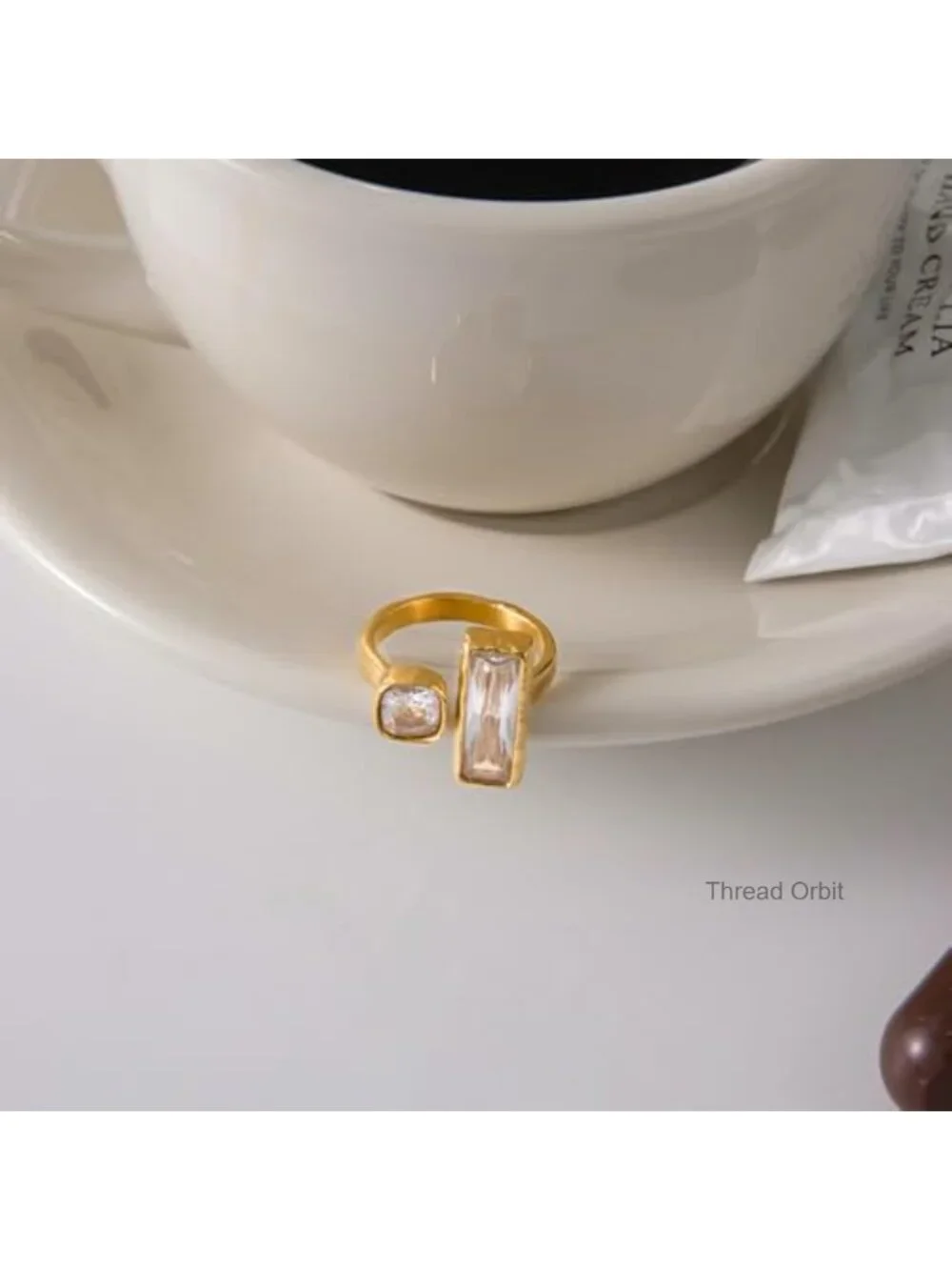 Square Cubic Zirconia Gold-Tone Statement Ring Hypoallergenic Stainless Steel